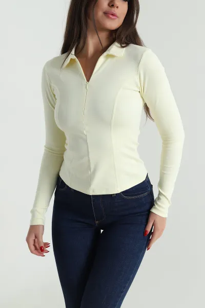 Sarı Yakası Fermuarlı Kadın Body Bluz 489995