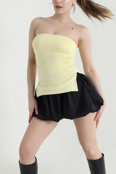 Sarı Yanı Yırtmaçlı Buzzy Kadın Straplez Bluz 448367