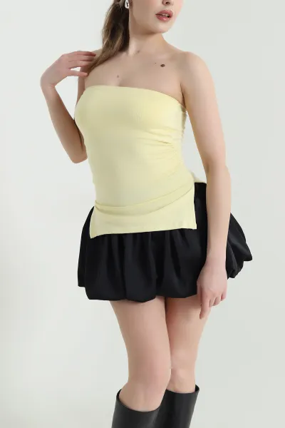 Sarı Yanı Yırtmaçlı Buzzy Kadın Straplez Bluz 448367