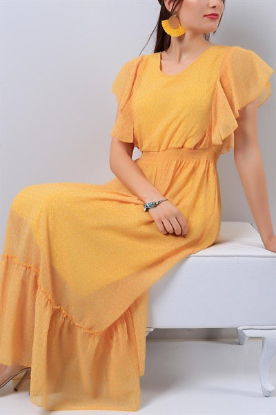 Sarı Yaprak Desenli Bayan Şifon Elbise 15797B