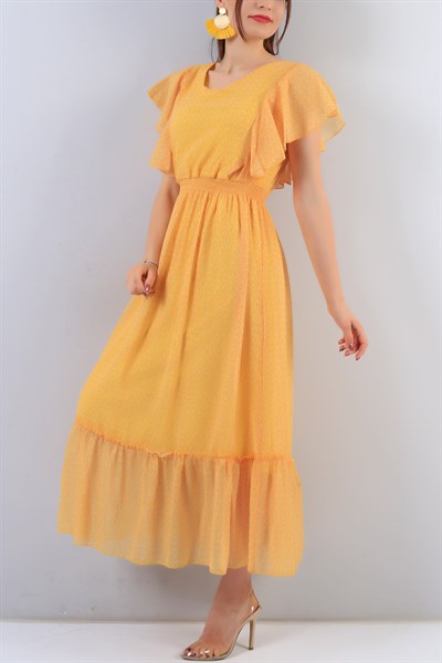 Sarı Yaprak Desenli Bayan Şifon Elbise 15797B