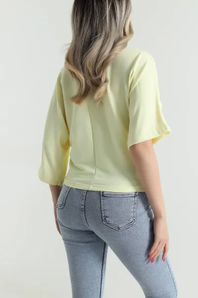 Sarı Yarasa Kol Baskılı Kadın Kristal Bluz 483245
