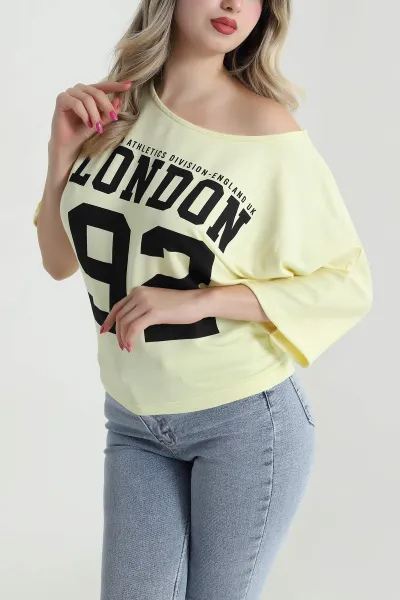 Sarı Yarasa Kol Baskılı Kadın Kristal Bluz 483245