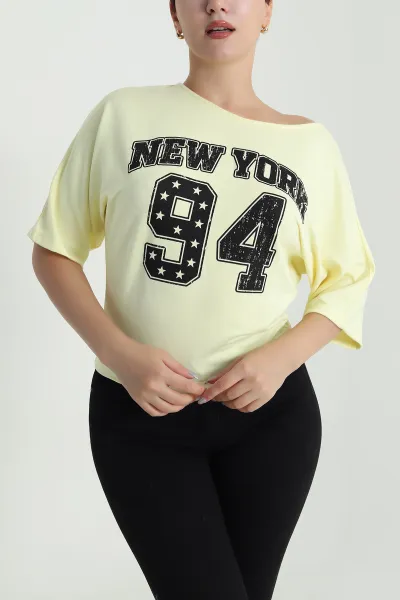 Sarı Yarasa Kol Baskılı Kadın Kristal Bluz 483256