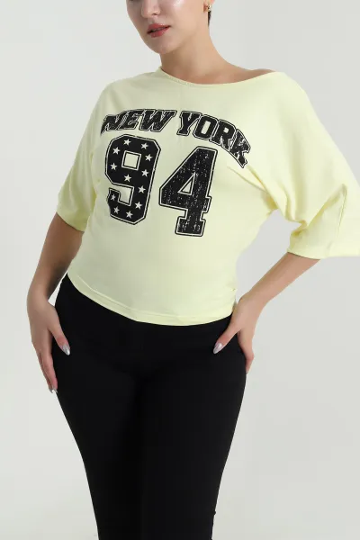 Sarı Yarasa Kol Baskılı Kadın Kristal Bluz 483256