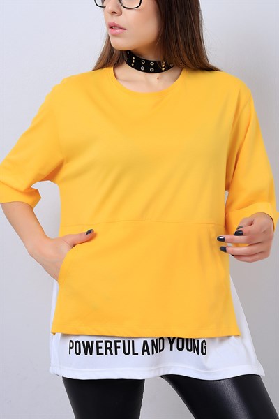 Sarı Yazı Detay Bayan Salaş Tişört 14334B