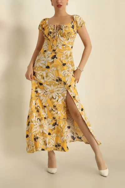 Sarı Yırtmaçlı DesenLi Dokuma Elbise 270102