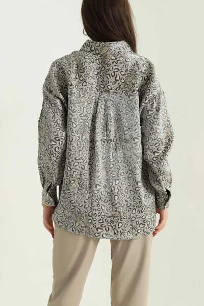 Saten Leopar Desenli Bayan Gömlek 333982