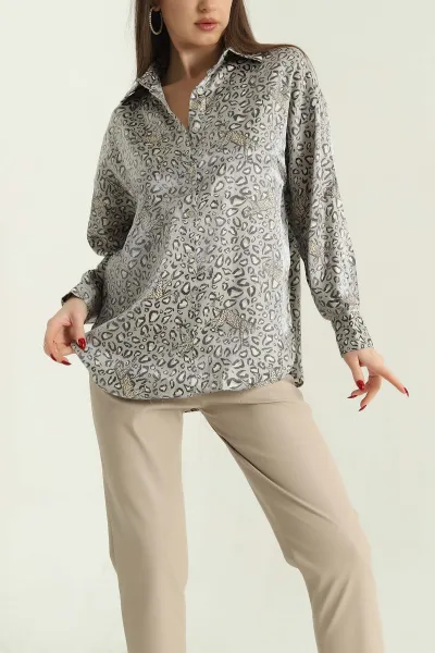Saten Leopar Desenli Bayan Gömlek 333982