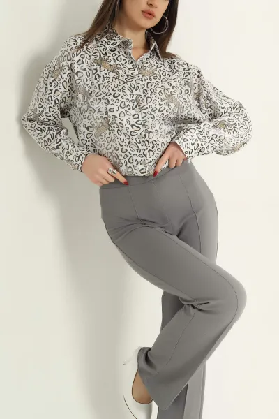 Saten Leopar Desenli Bayan Gömlek 333983