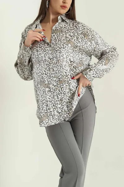 Saten Leopar Desenli Bayan Gömlek 333983