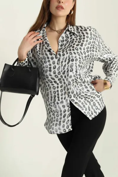 Saten Leopar Desenli Bayan Gömlek 333984
