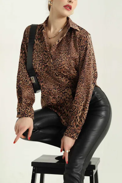 Saten Leopar Desenli Bayan Gömlek 335425