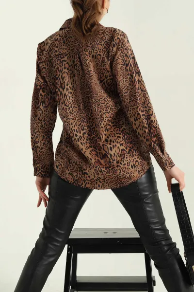 Saten Leopar Desenli Bayan Gömlek 335425