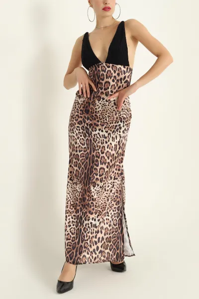Saten Leopar Desenli Güpür Detay Elbise 289339