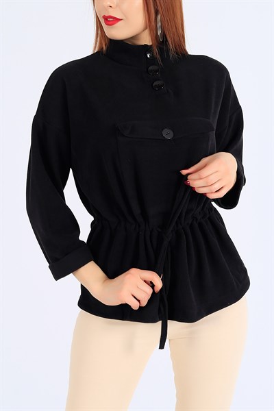 Selanik Kumaş Cepli Siyah Bayan Sweat 25327B