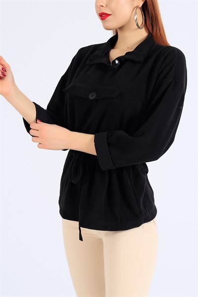 Selanik Kumaş Cepli Siyah Bayan Sweat 25327B