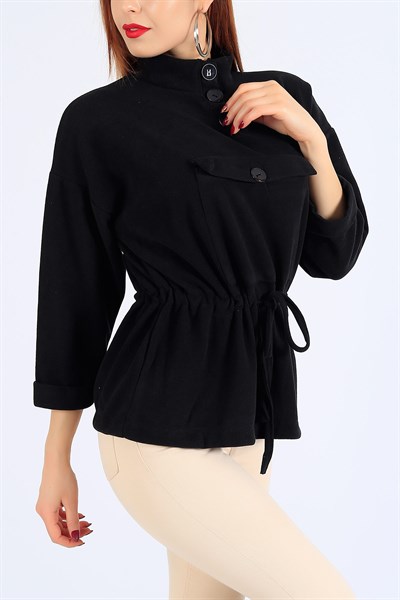 Selanik Kumaş Cepli Siyah Bayan Sweat 25327B