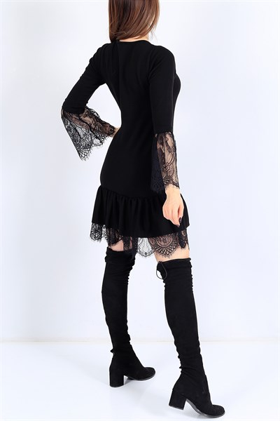 Selanik Kumaş Siyah Dantelli Triko Elbise 25059B
