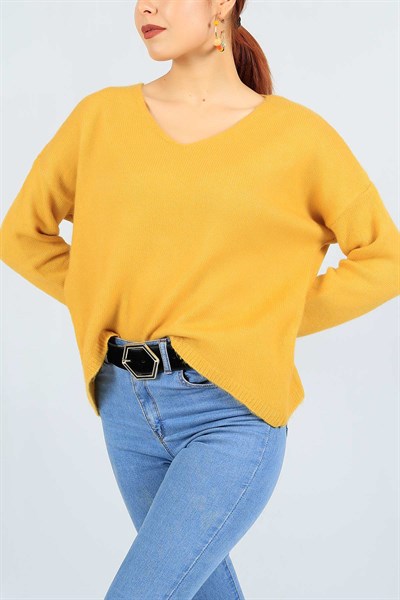 Selanik Örgü İpeksi Hardal Triko Kazak 23561B