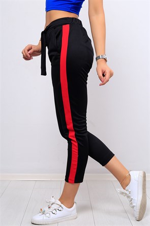Şerit Detaylı Siyah  Bayan Kumaş Pantolon 8251B