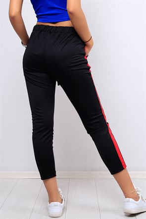 Şerit Detaylı Siyah  Bayan Kumaş Pantolon 8251B