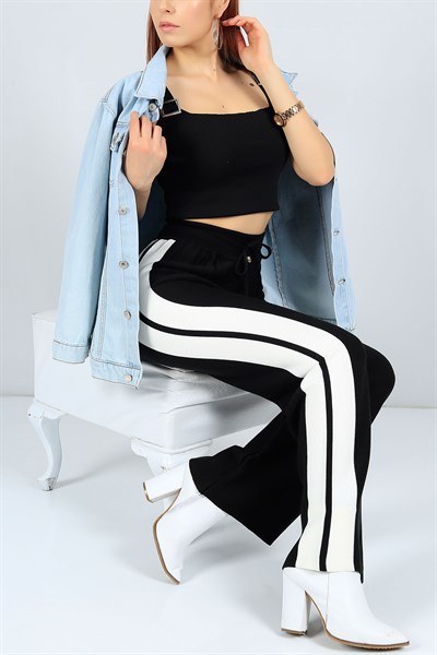 Şeritli Siyah Bayan Triko Pantolon 23588B