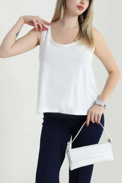 Serpme Taşlı Kadın Kolsuz Bluz 467794