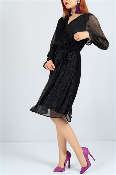Sim Detay Siyah Bayan Şifon Elbise 23477B
