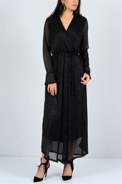 Sim Detaylı Siyah Bayan Şifon Elbise 23480B