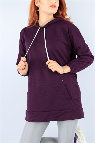 Sırt Baskılı Kapüşonlu Mor Bayan Sweat 38435
