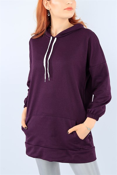 Sırt Baskılı Kapüşonlu Mor Bayan Sweat 38435