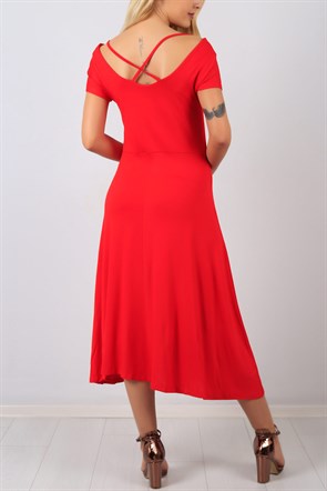 Sırt Çapraz Kırmızı Bayan Elbise 8557B