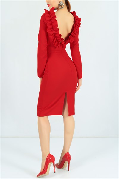 Sırt Dekolteli Likralı Kırmızı Elbise 24774B