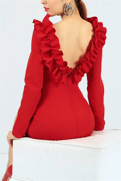 Sırt Dekolteli Likralı Kırmızı Elbise 24774B