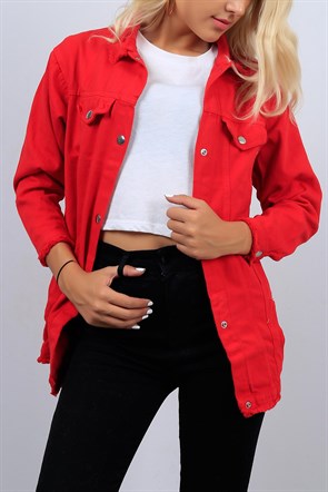 Sırt Detaylı Kırmızı Bayan Kot Ceket 9524B