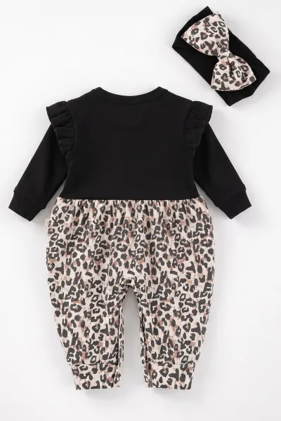 Siyah (0-9 Ay)Fiyonklu Leopar Desen Kalp Nakışlı Omuzdan Fırfırlı ve Bandanalı Kız Bebek Tulum 475997