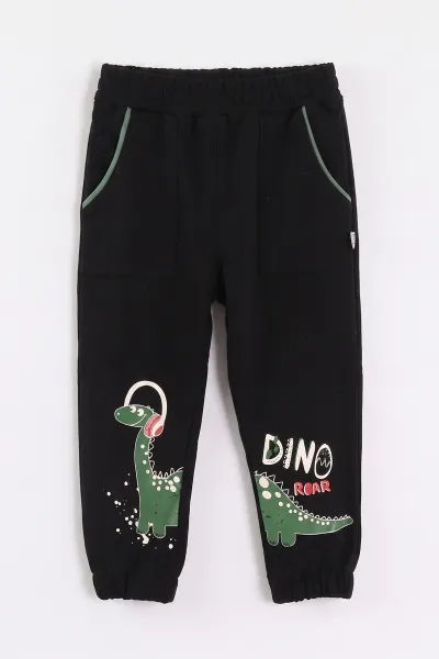 Siyah (1-4 Yaş) Dinozor  Baskılı Paça Lastikli 2 İp Erkek Çocuk&Bebek Eşofman Altı 496779