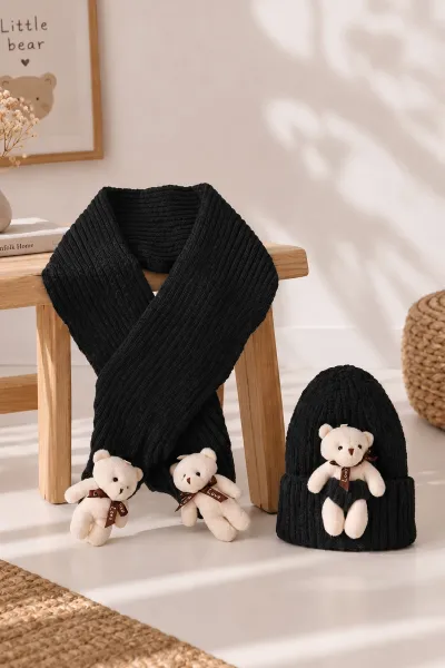 Siyah (1-5 Yaş) Ayıcıklı  Çocuk Atkı Bere Takım 475080