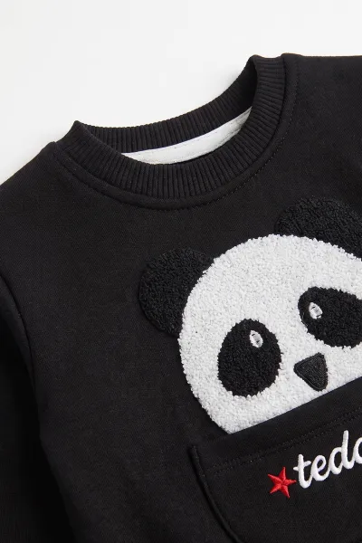 Siyah (1-5 Yaş) Panda Nakışlı Cep Detay 3 İp Şardonlu Erkek Çocuk Kışlık Takım 486833
