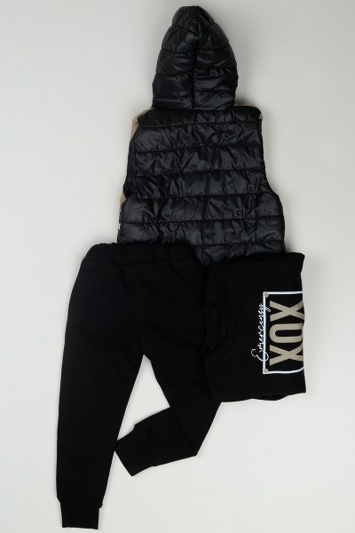 Siyah (1-8 Yaş) XOX Baskılı Yelekli Erkek Çocuk Üçlü Takım 85186