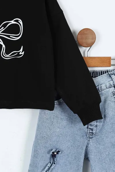 Siyah (1-9 Yaş) Fiyonk Baskılı Sweatli Kot Pantolonlu Kız Çocuk 2'li Tkaım 410313