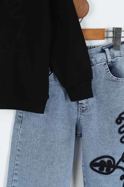 Siyah (1-9 Yaş)Nakışlı Kot Pantolonlu 2 İp Kız Çocuk Takım 413484