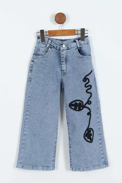 Siyah (1-9 Yaş)Nakışlı Kot Pantolonlu 2 İp Kız Çocuk Takım 413484
