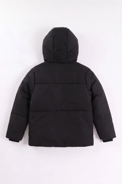 Siyah (10-14 Yaş) Kapüşonlu İçi Kürklü Erkek Çocuk Mont 499757