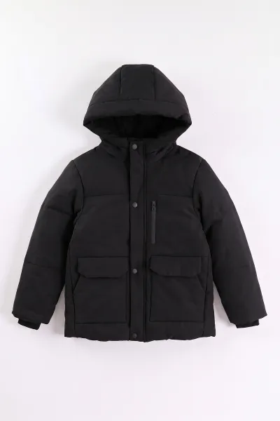Siyah (10-14 Yaş) Kapüşonlu İçi Kürklü Erkek Çocuk Mont 499757