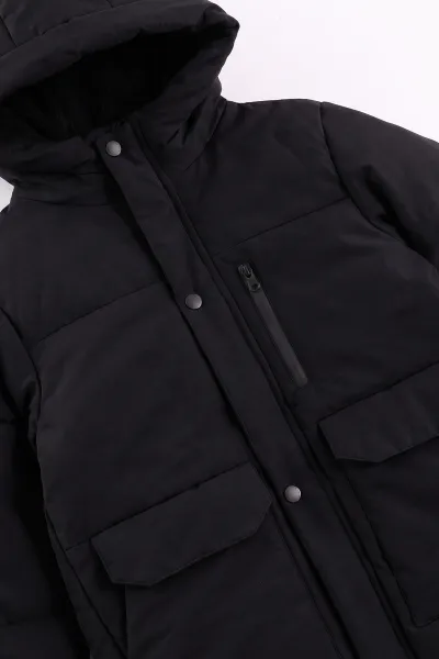 Siyah (10-14 Yaş) Kapüşonlu İçi Kürklü Erkek Çocuk Mont 499757