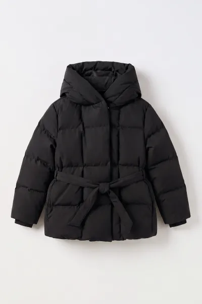 Siyah (10-14 Yaş) Kapüşonlu İçi Kürklü Kız Çocuk Mont 499739