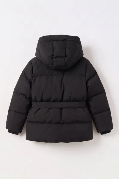 Siyah (10-14 Yaş) Kapüşonlu İçi Kürklü Kız Çocuk Mont 499739