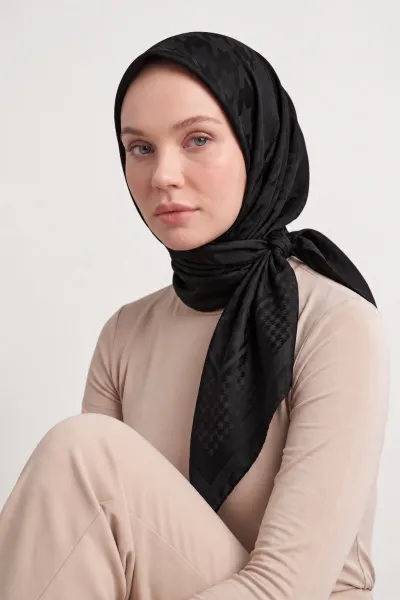 Siyah 100x100 Cm Kaz Ayağı İpeksi Premium Pano Jakar Eşarp 494372